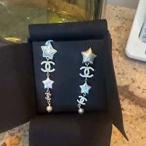 Authentic Chanel  Champagne pearl -Star and Christal Drop Earrings. Like new.